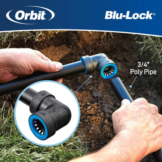 Blu-Lock Elbow 3/4in compression fitting on poly pipe blue/black Orbit Irrigation on Tampa Home & Garden Store