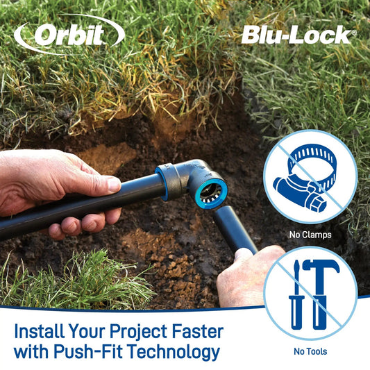 Blu-Lock 1 in elbow for PEX push-fit fitting blue Orbit Irrigation on Tampa Home & Garden Store