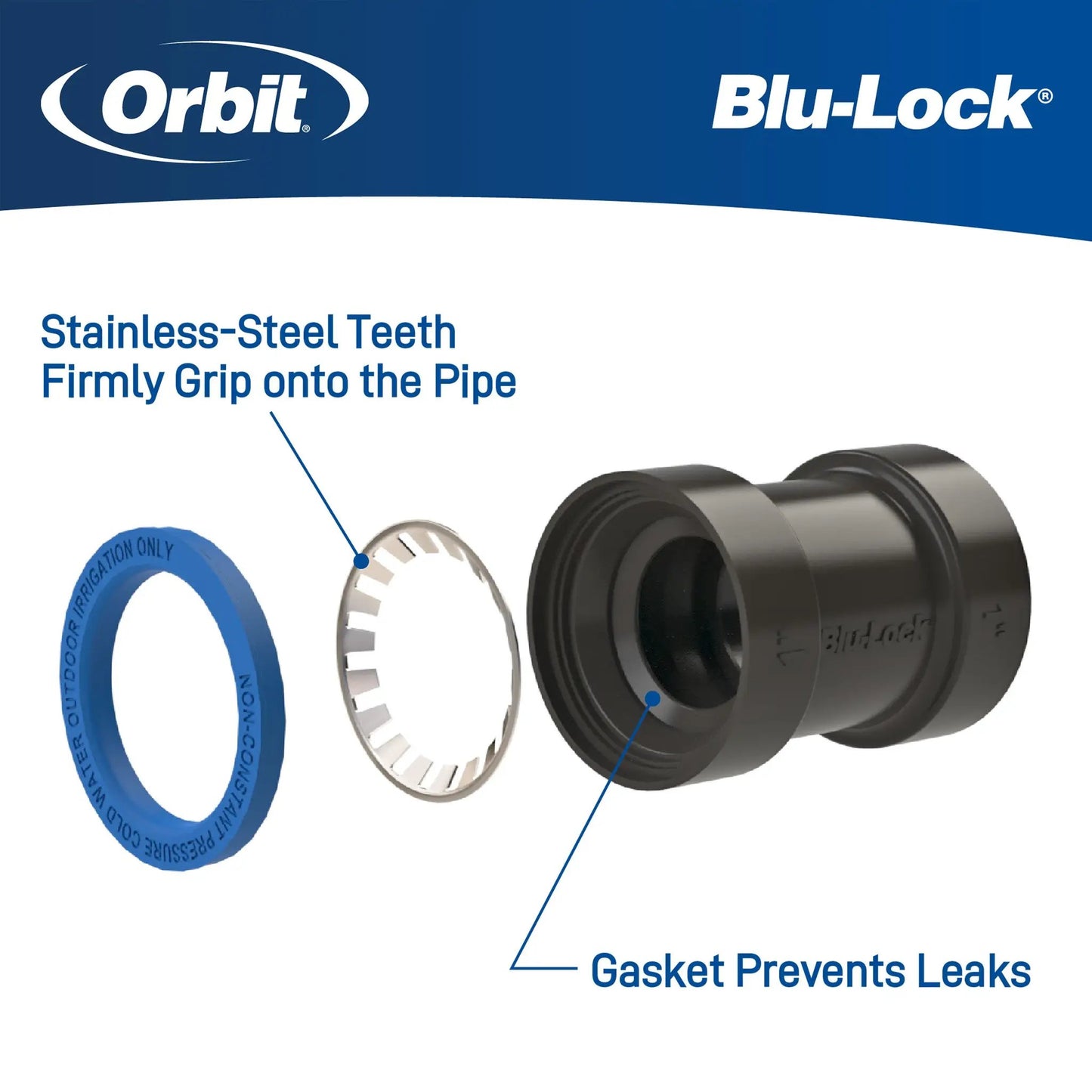 Blu-Lock reducing coupling for poly pipe with blue gasket and white ring Orbit Irrigation on Tampa Home & Garden Store