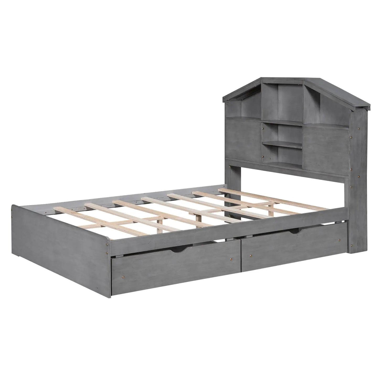 Full-size gray wood platform bed with house-shaped headboard and built-in cubby shelves on Tampa Home & Garden Store