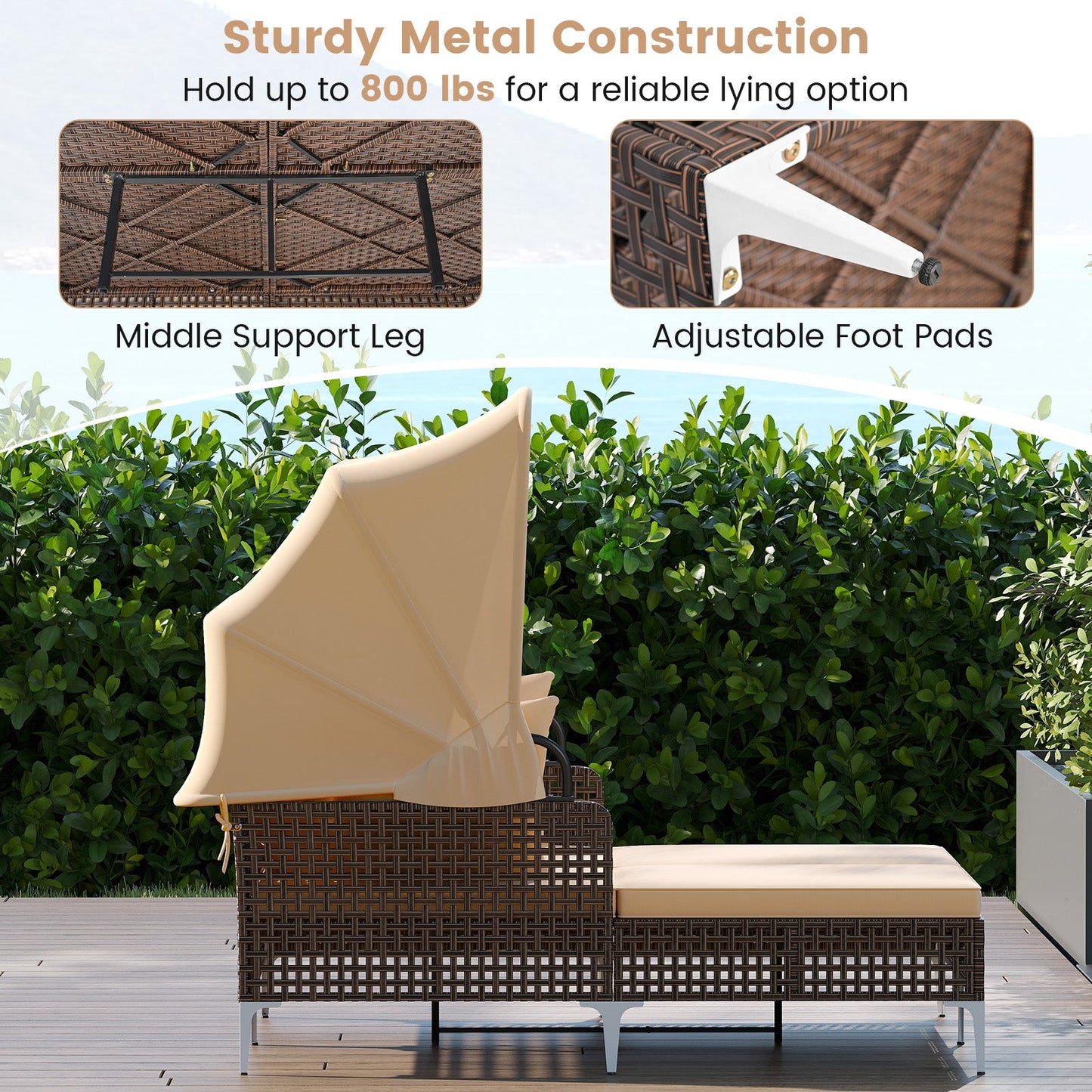 Outdoor Daybed with Retractable Canopy Lounger in dark wicker with beige cushions on a wooden deck on Tampa Home & Garden Store