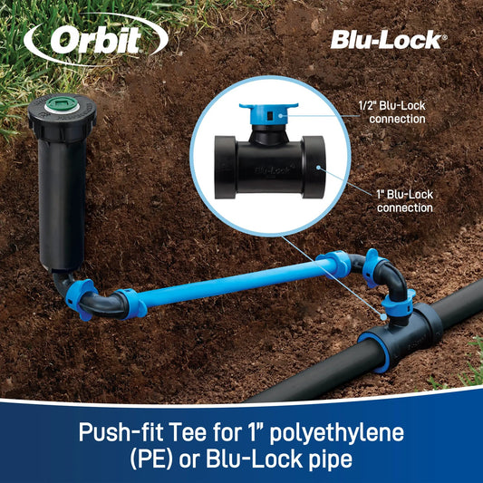 Blu-Lock reducing tee 1in x 1in x 1/2in blue/black irrigation connector Orbit Irrigation on Tampa Home & Garden Store