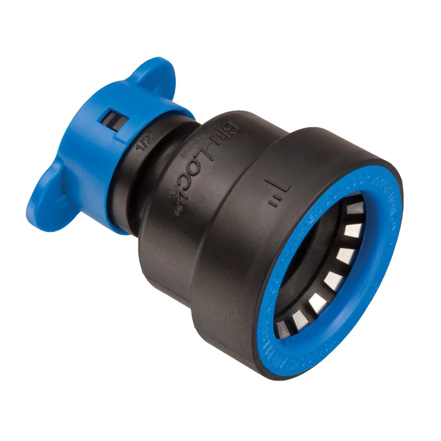 Blu-Lock reducing coupling 1 in to 1/2 in blue and black plastic Orbit Irrigation coupling on Tampa Home & Garden Store