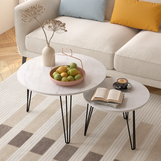 Round nesting coffee tables set of 2, white marble tops, black hairpin legs on Tampa Home & Garden Store