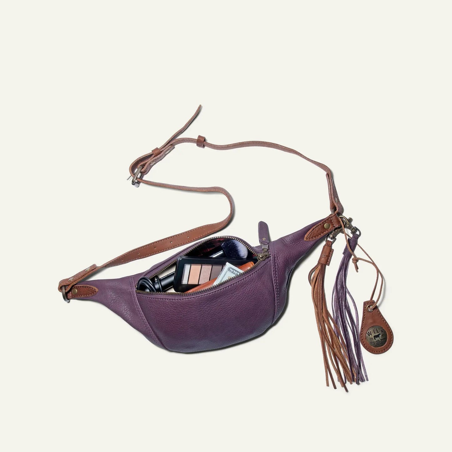 Everyday Pack leather fanny pack purple with brown strap by Will Leather Goods on Tampa Home & Garden Store