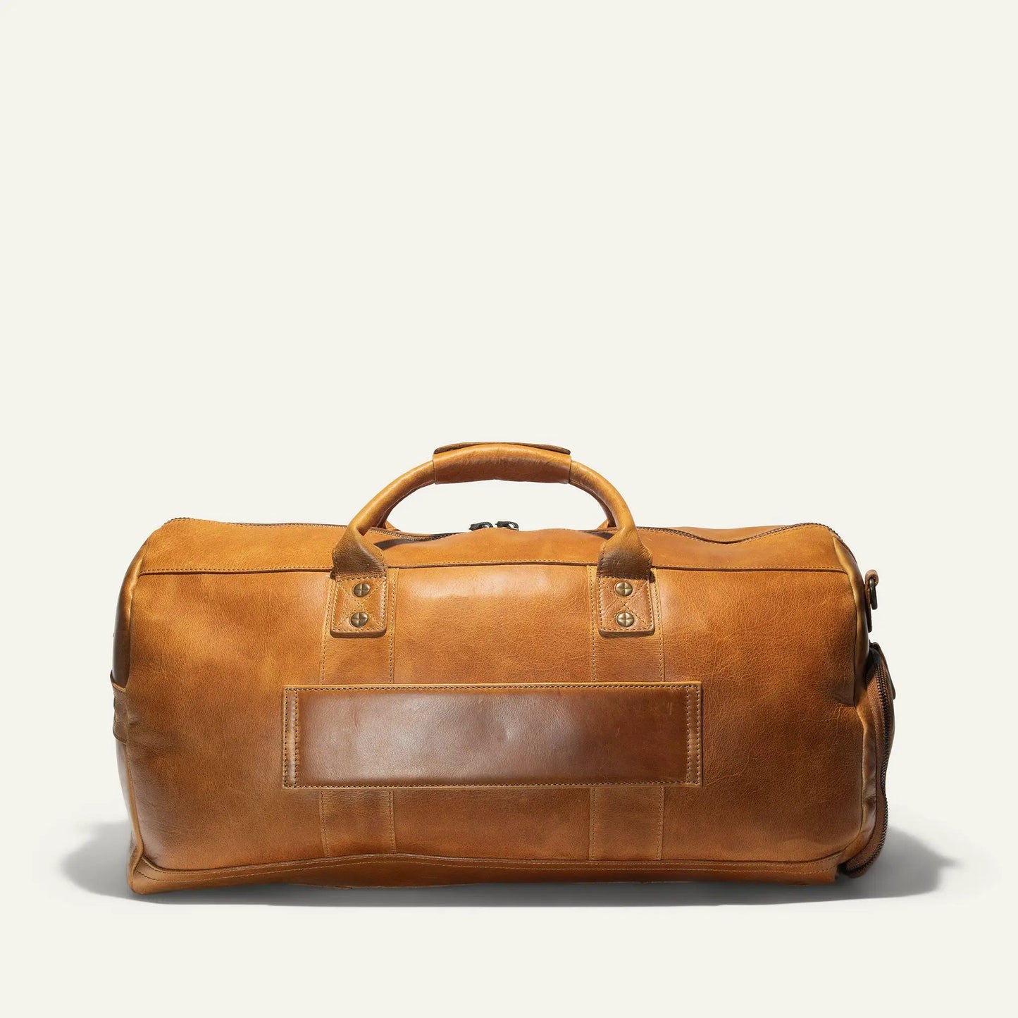 Premium Leather Atticus Shoe Duffle tan leather with sturdy top handles on Tampa Home & Garden Store