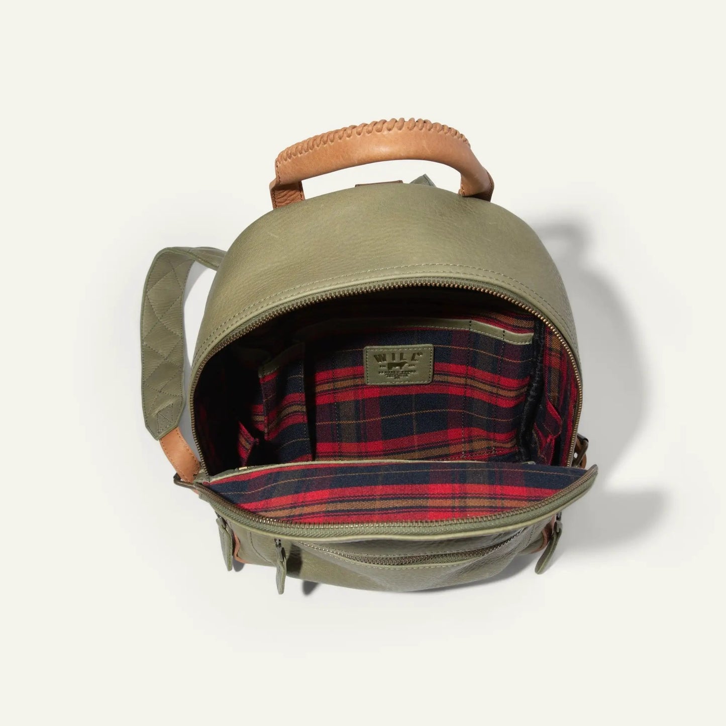 Will Leather Goods Full Grain Mini Journey Backpack olive exterior tan top handle plaid lining on Tampa Home & Garden Store
