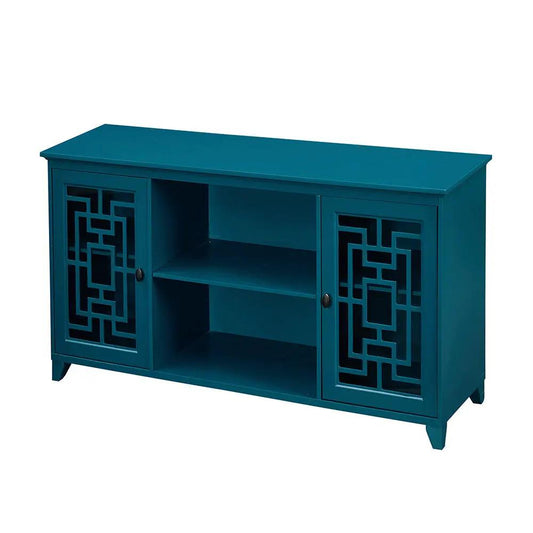 60-Inch teal sideboard buffet with decorative lattice doors and open shelving on Tampa Home & Garden Store