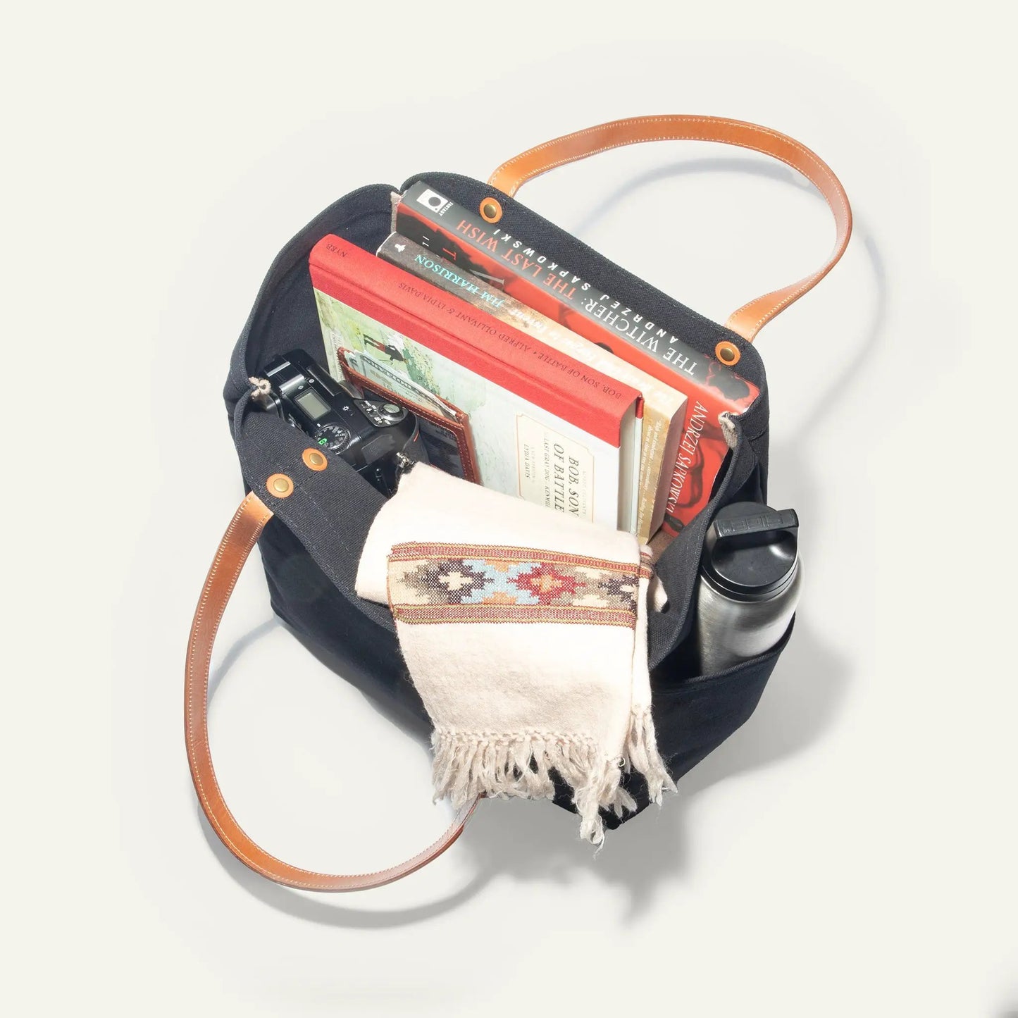 Waxed Canvas Work Tote With Leather Handles, black tote packed with books on Tampa Home & Garden Store
