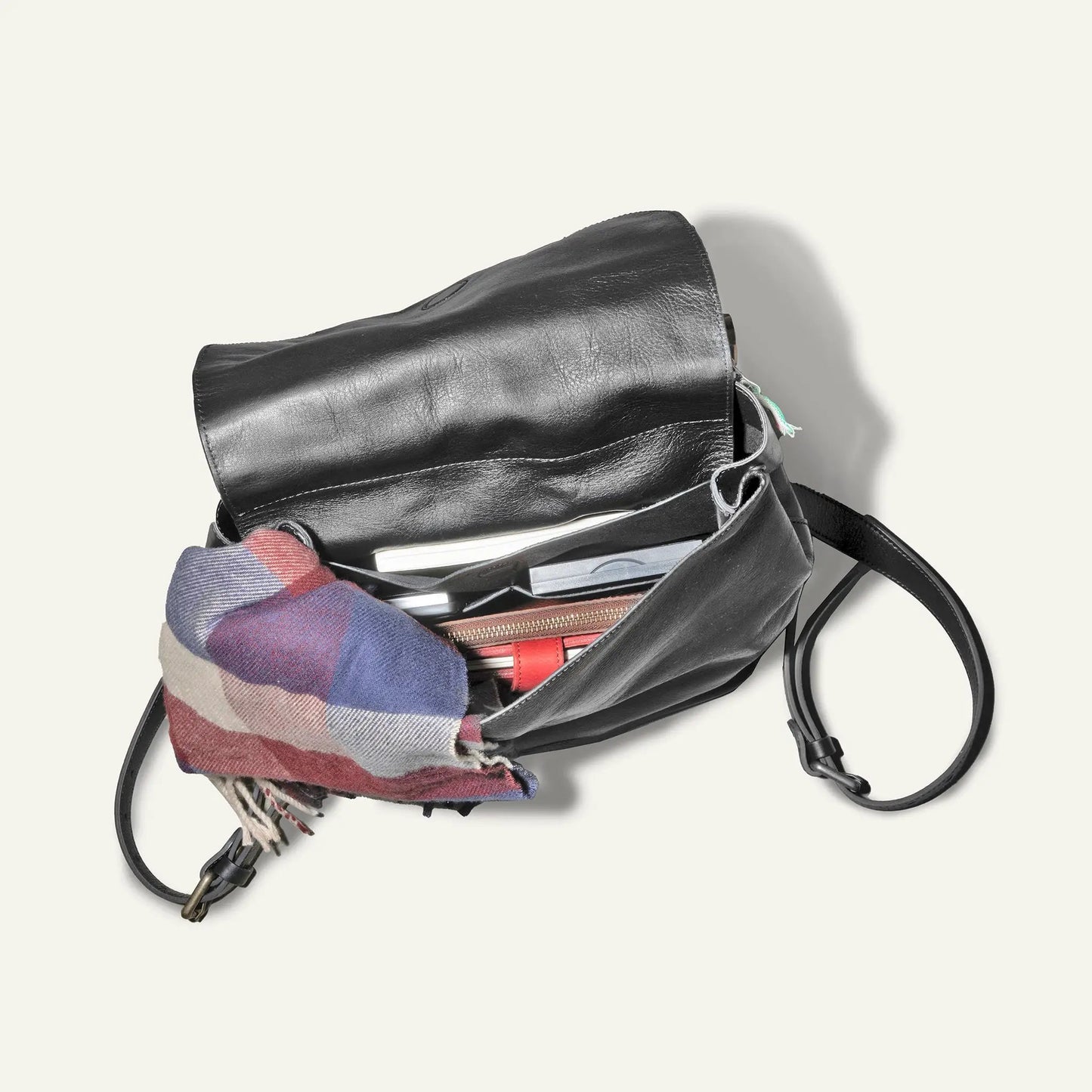 Naples Leather Backpack by Will Leather Goods, black leather with scarf and notebook on Tampa Home & Garden Store
