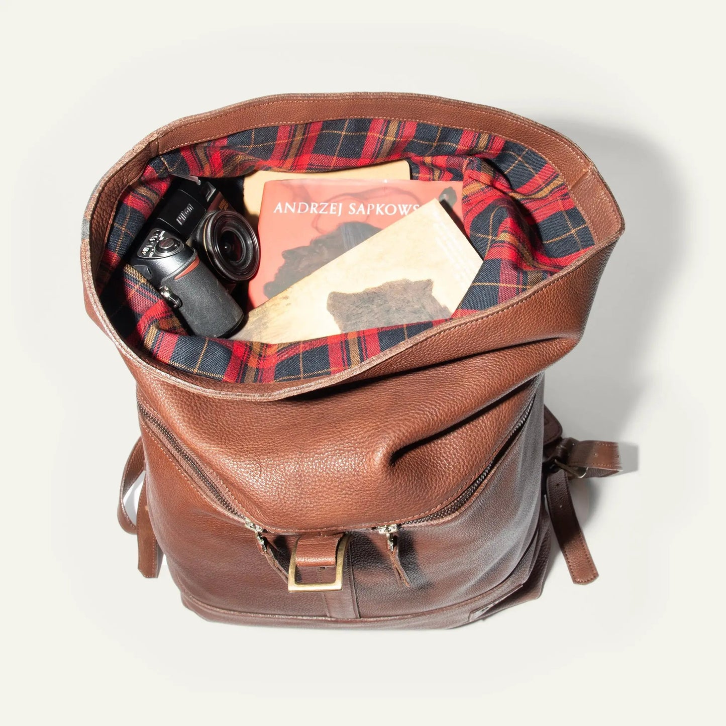 Roll Top Leather Backpack with Buckle Closure by Will Leather Goods brown leather plaid on Tampa Home & Garden Store