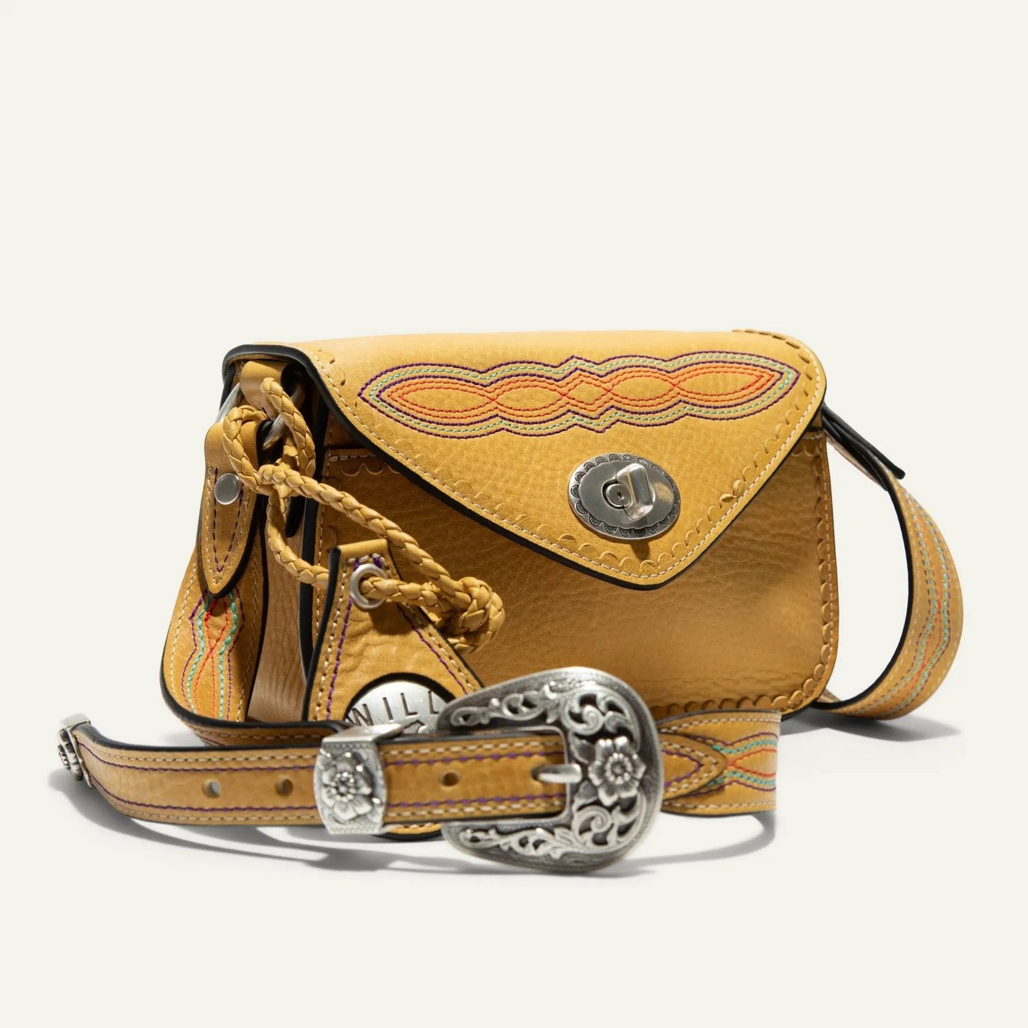 Abilene Mini Crossbody Bag with concho turn lock, tan leather and rainbow stitch Will Leather Goods on Tampa Home & Garden Store