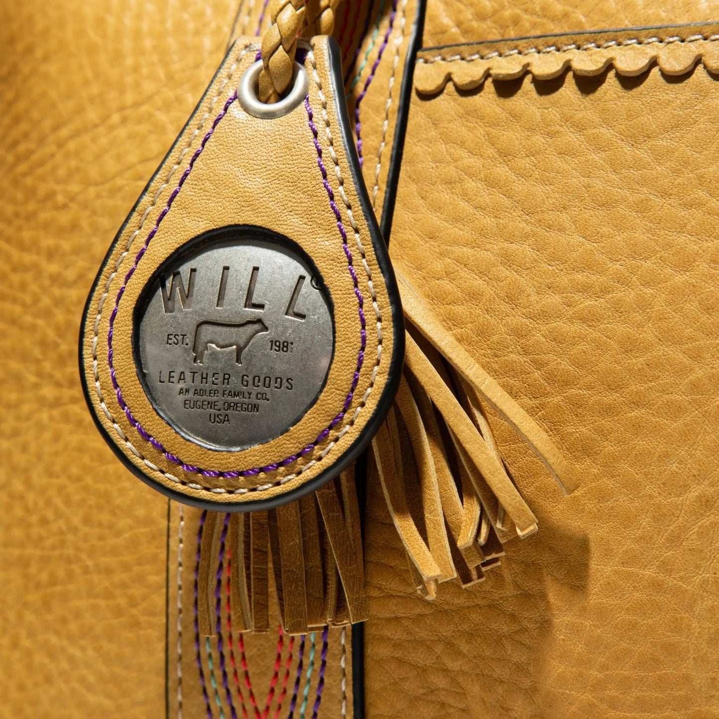 Amarillo Satchel by Will Leather Goods in tan leather with boot stitching and fringe tassels on Tampa Home & Garden Store
