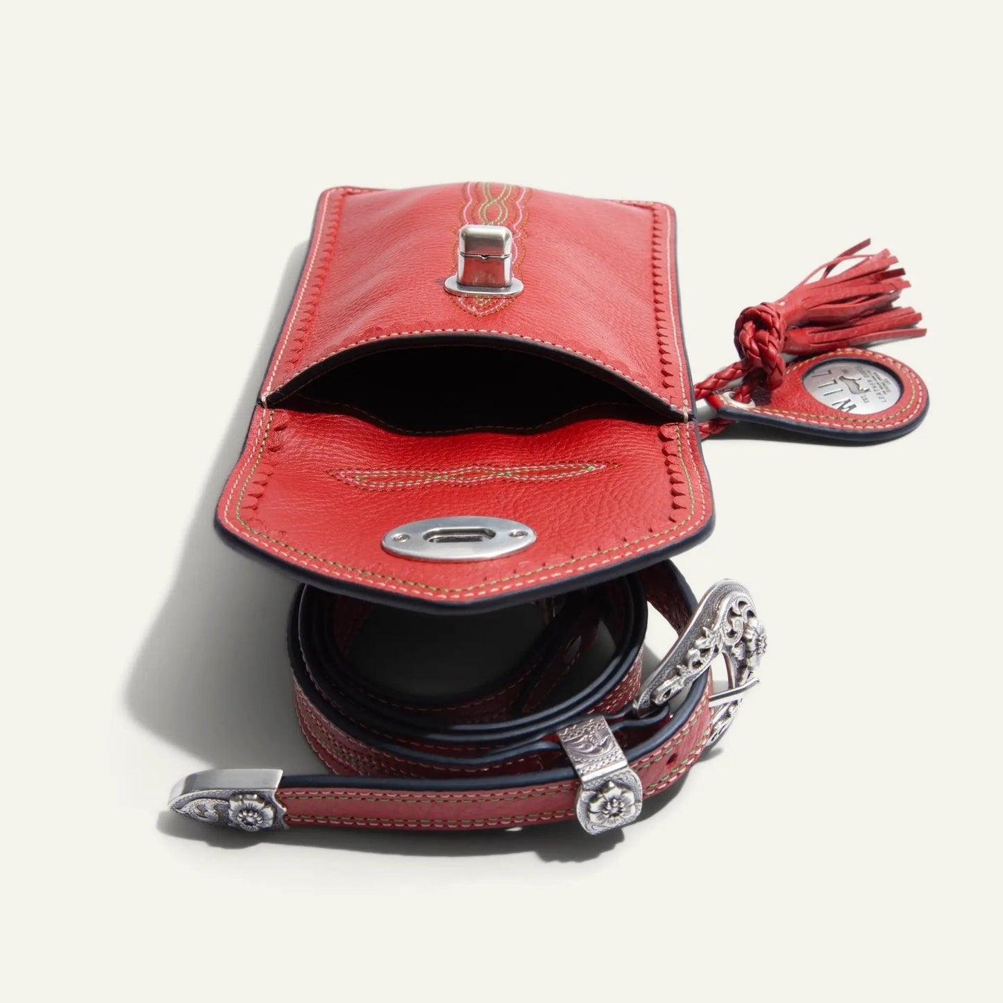 Lasso Phone Crossbody Leather Bag in red with silver buckle and tassel strap Will Leather Goods on Tampa Home & Garden Store