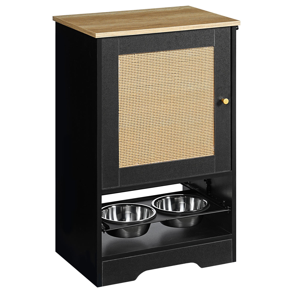 Feeding Station with 1 Storage Cabinet Black wood-top, cane-front panel, dual bowls on Tampa Home & Garden Store