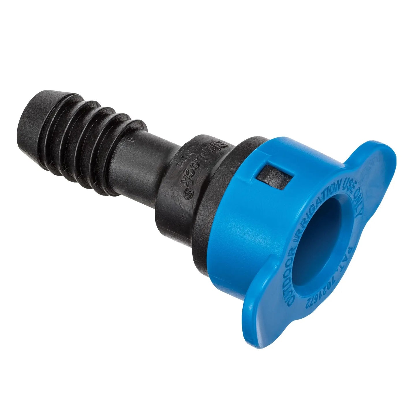 Blu-Lock 1/2 in barb sprinkler adapter with blue housing and black ribbed barb on Tampa Home & Garden Store