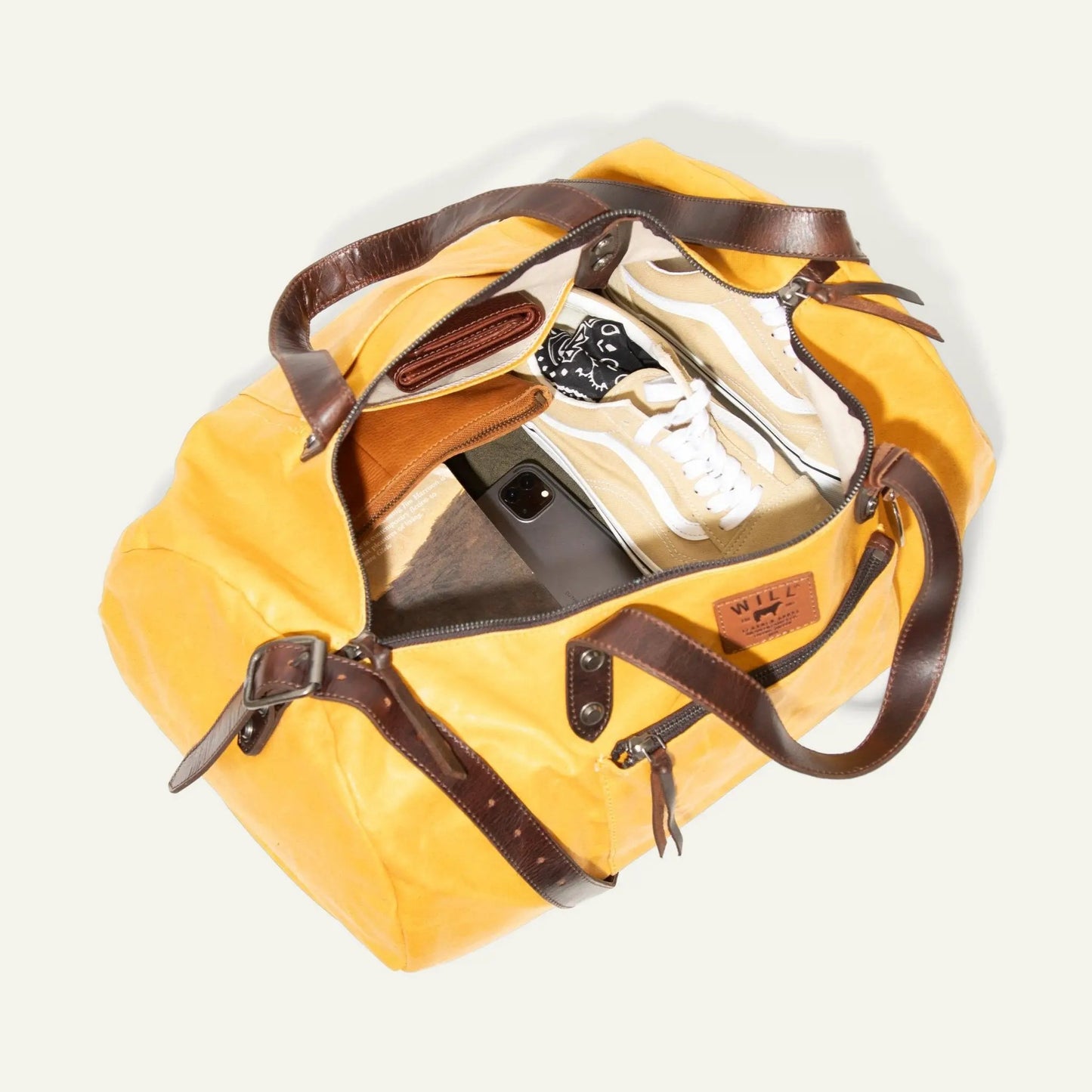 Will Leather Goods Rainline Canvas Duffle with Leather Trim, yellow bag with brown leather straps on Tampa Home & Garden Store