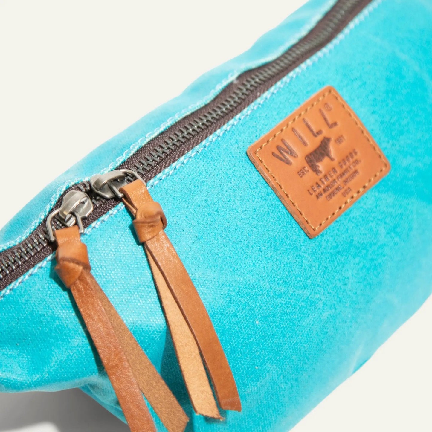 Rainline Canvas Belt Bag turquoise with Leather Trim brown zipper Will Leather Goods patch on Tampa Home & Garden Store
