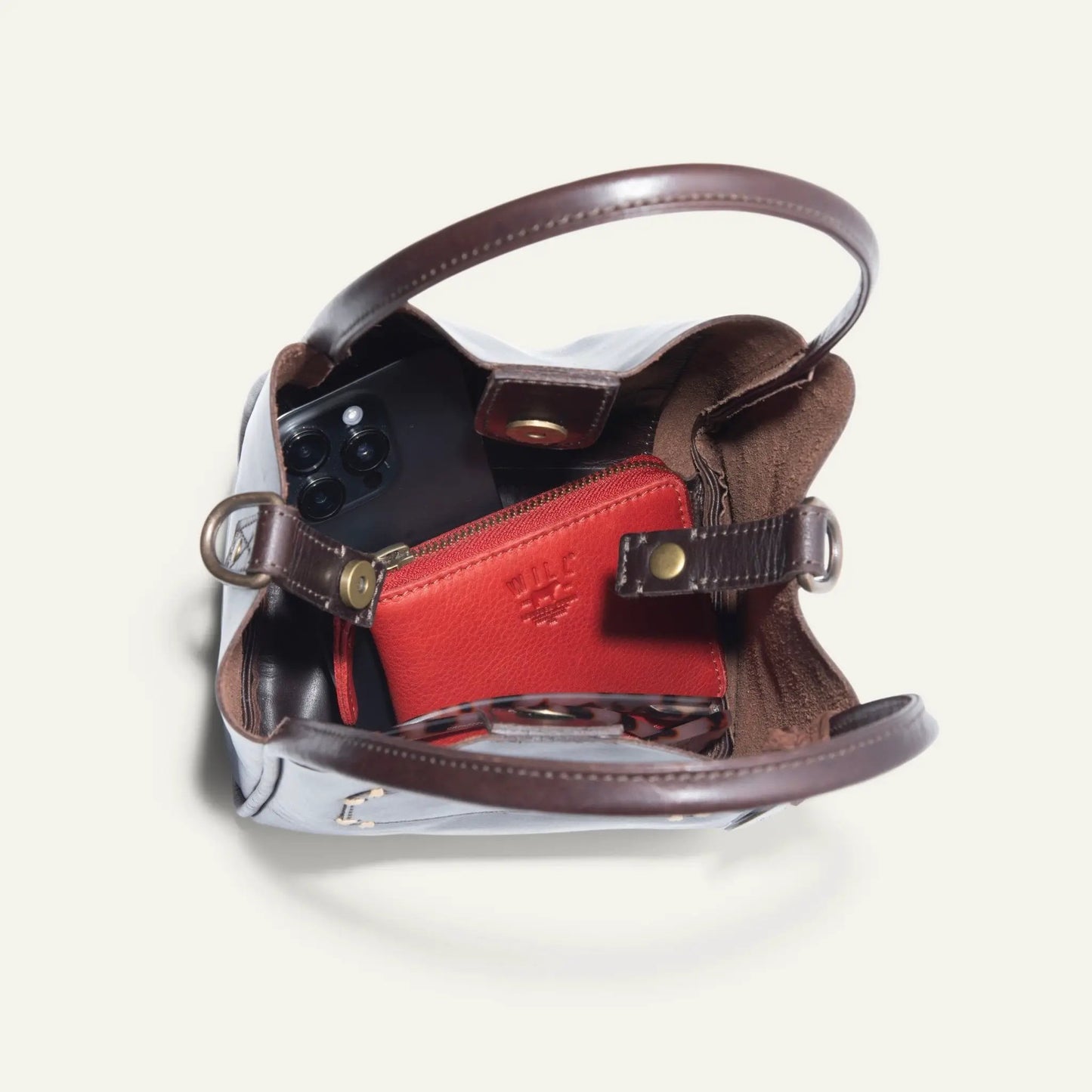 Will Leather Goods Simple Convertible Mini Tote waxed leather crossbody bag with red lining on Tampa Home & Garden Store