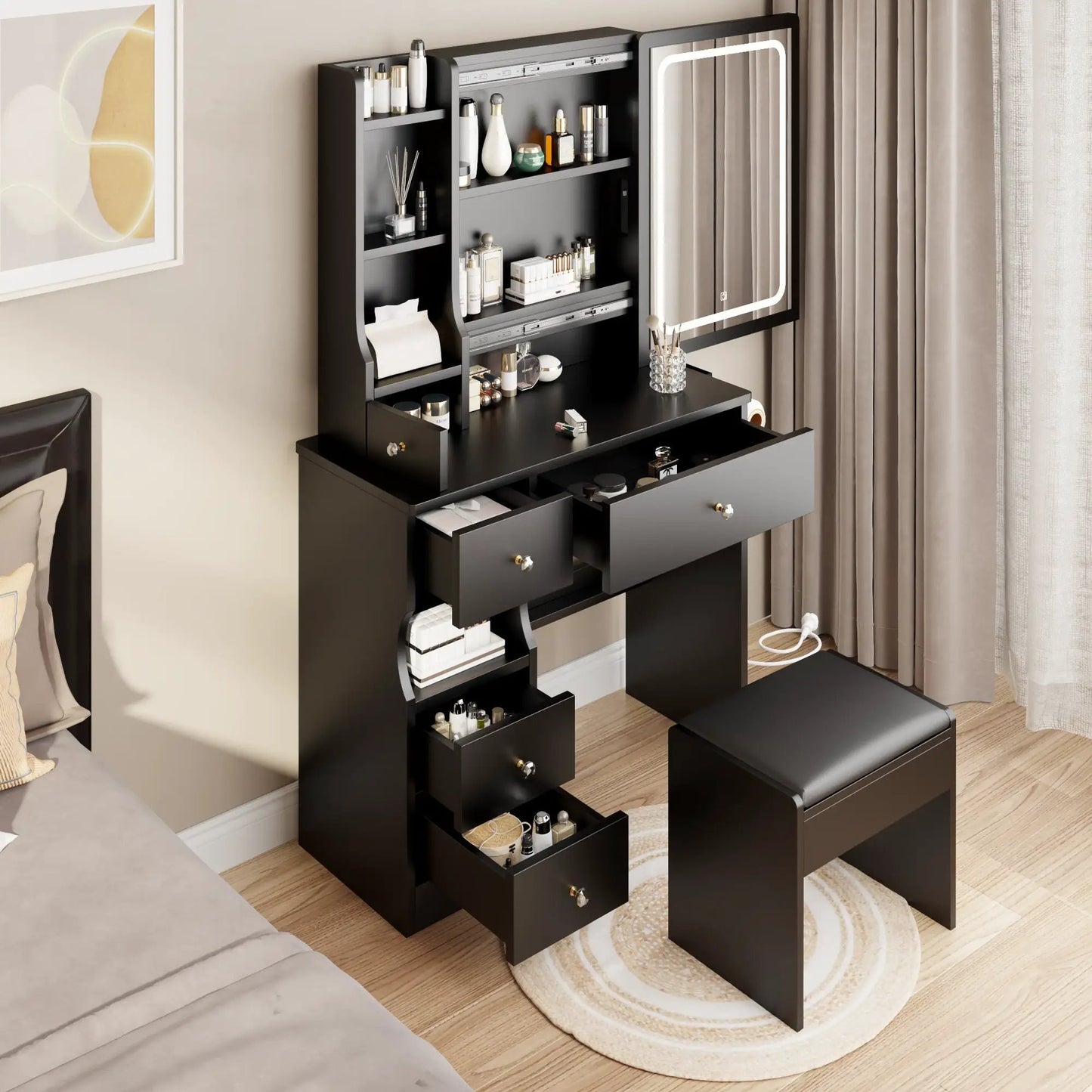 Escritorio de tocador con cajón izquierdo y taburete acolchado, 2 estaciones de carga de CA+2 USB, espejo LED táctil deslizante, interruptor de tres colores