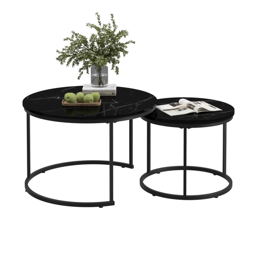 Nesting coffee tables set of 2 with black marble round tops and slim metal legs on Tampa Home & Garden Store