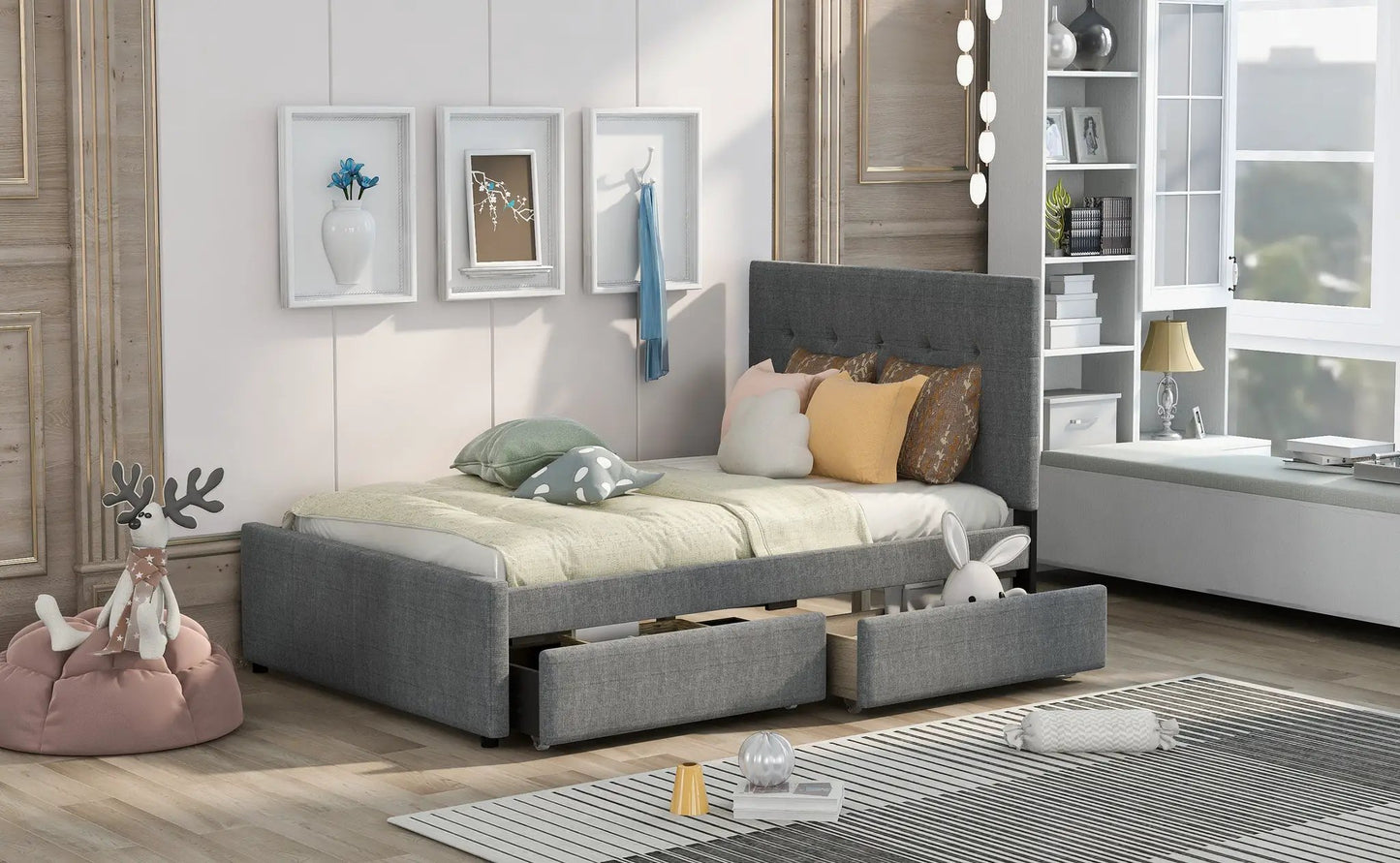 Linen upholstered platform bed with headboard and storage drawers in grey fabric on Tampa Home & Garden Store