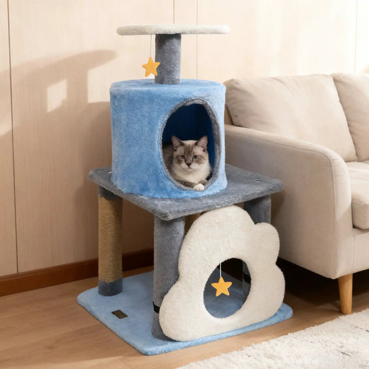 31.5 Inch Cute Modern Cat Tree Kitten Tower blue plush with tunnel and top perch DirectDeals on Tampa Home & Garden Store