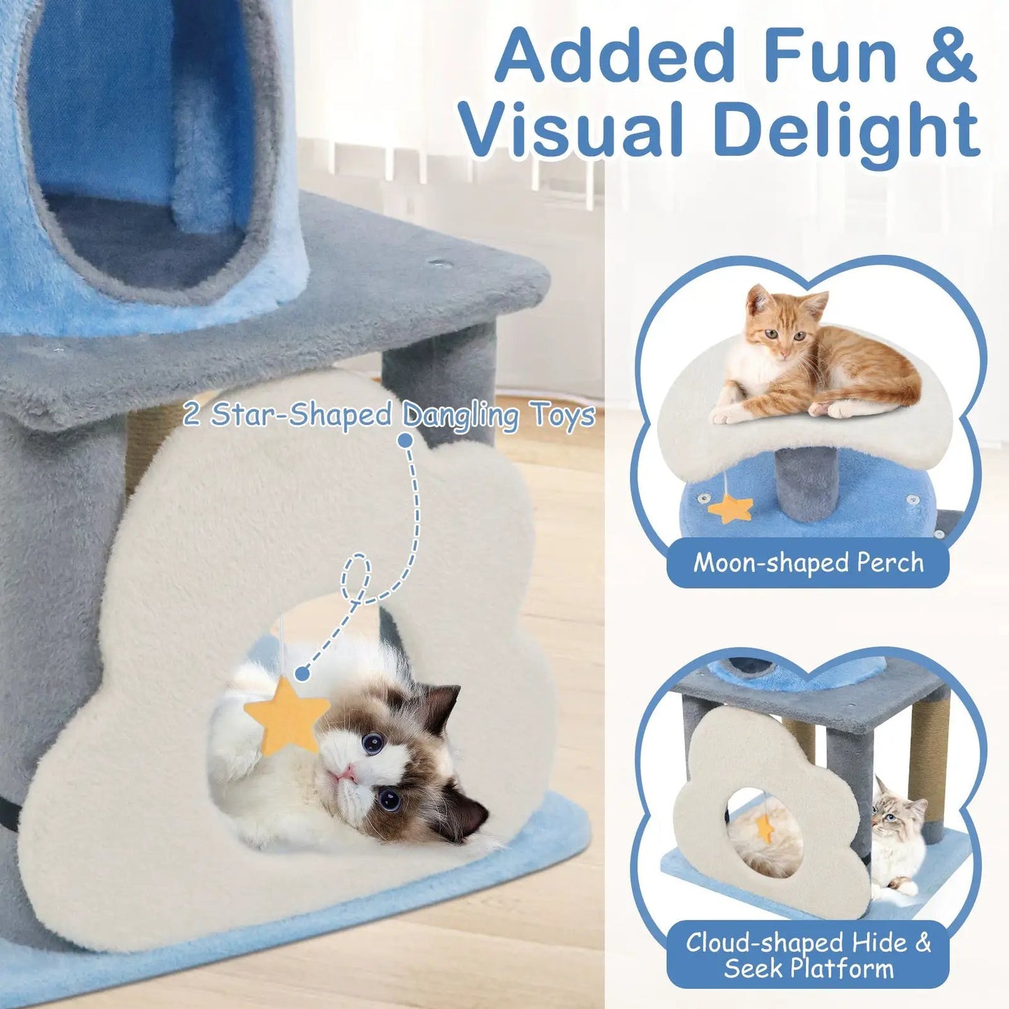 31.5 inch cat tree kitten tower with moon-shaped perch and cloud hide platform in blue gray on Tampa Home & Garden Store