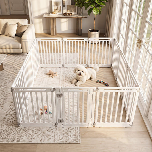 12-Panel Dog Playpen, 31.5in height, white DirectDeals pet fence with dog in living room on Tampa Home & Garden Store
