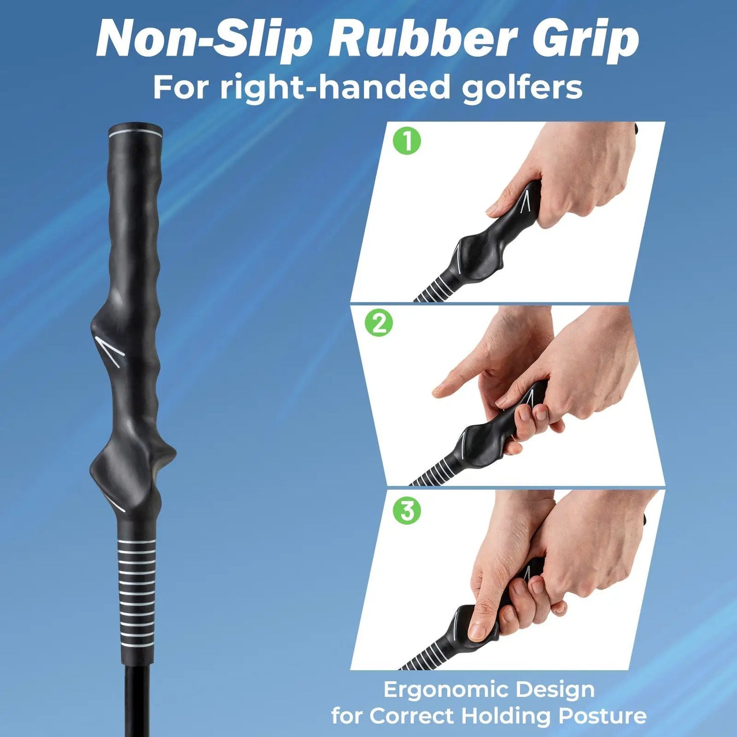 Golf Swing Trainer with Weighted Head, black rubber grip and striped shaft on Tampa Home & Garden Store