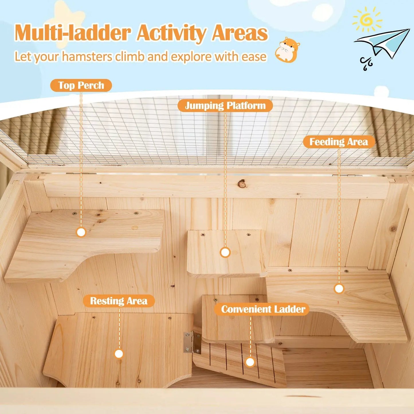 Wooden hamster cage with flip roof and play space, natural finish, DirectDeals habitat on Tampa Home & Garden Store