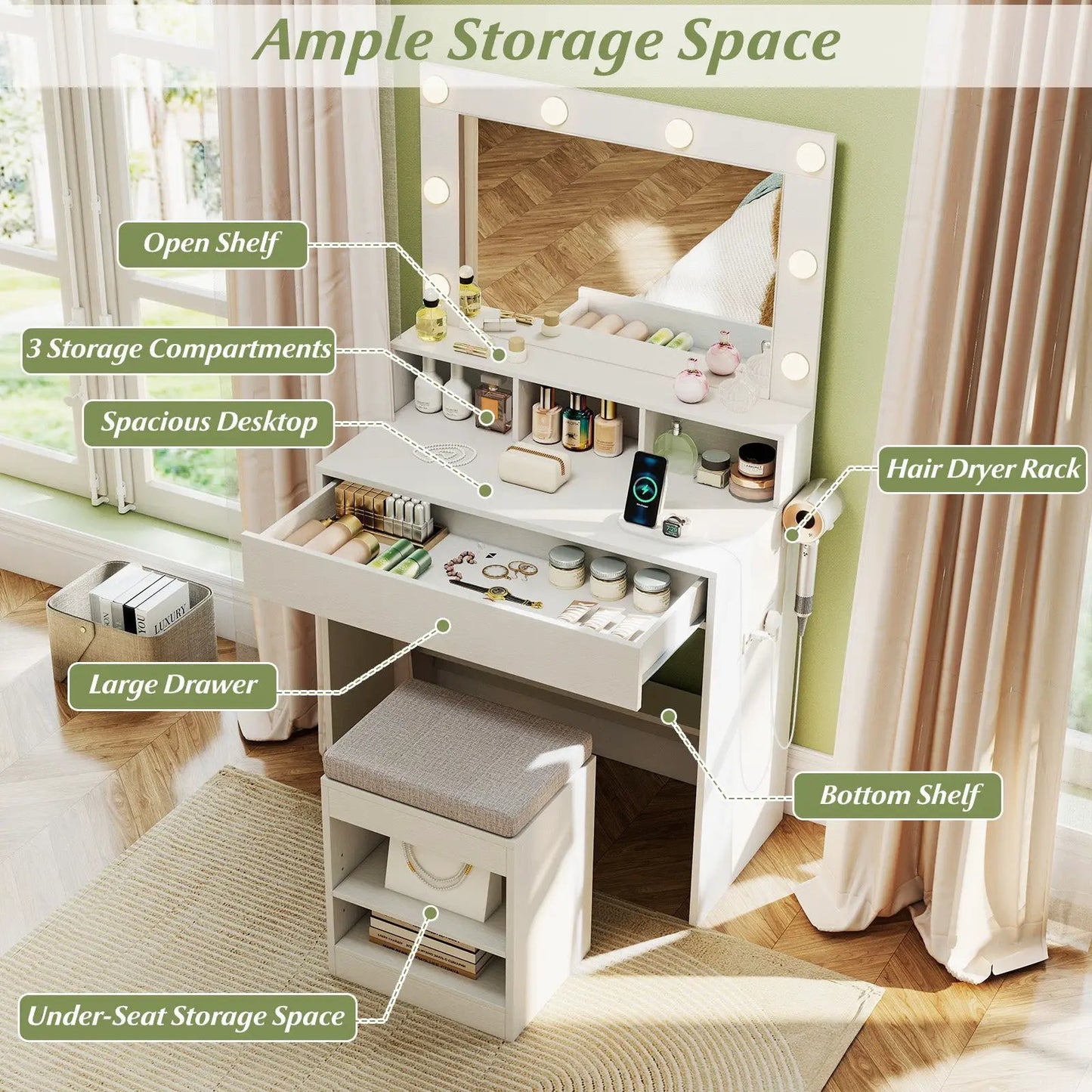 Vanity table set with lighted mirror and cushioned stool, white finish with storage compartments on Tampa Home & Garden Store