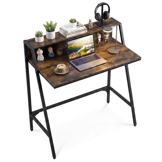 31.5-inch Industrial Desk with Raised Shelf, dark wood top & black metal frame, DirectDeals on Tampa Home & Garden Store