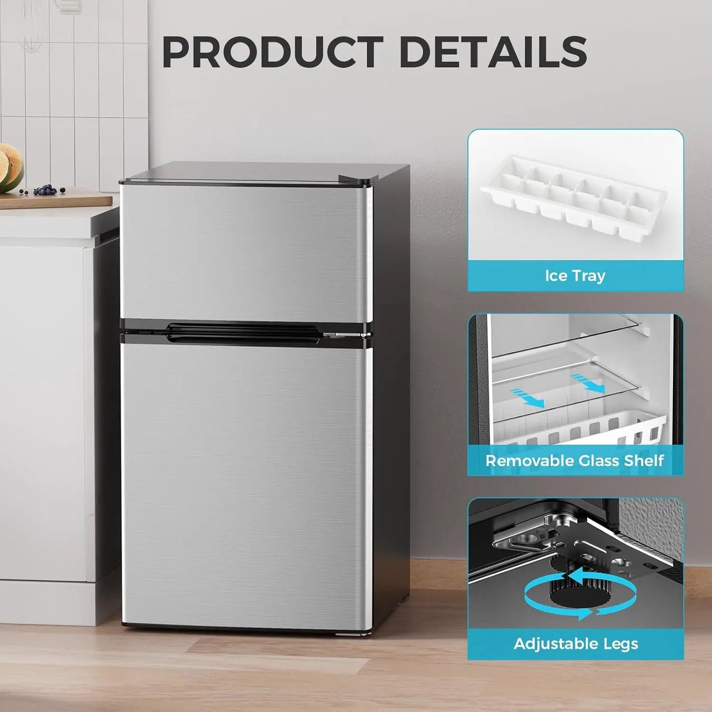Kismile 3.2 Cu Ft Mini Fridge Freezer stainless dual-door with ice tray and glass shelf on Tampa Home & Garden Store