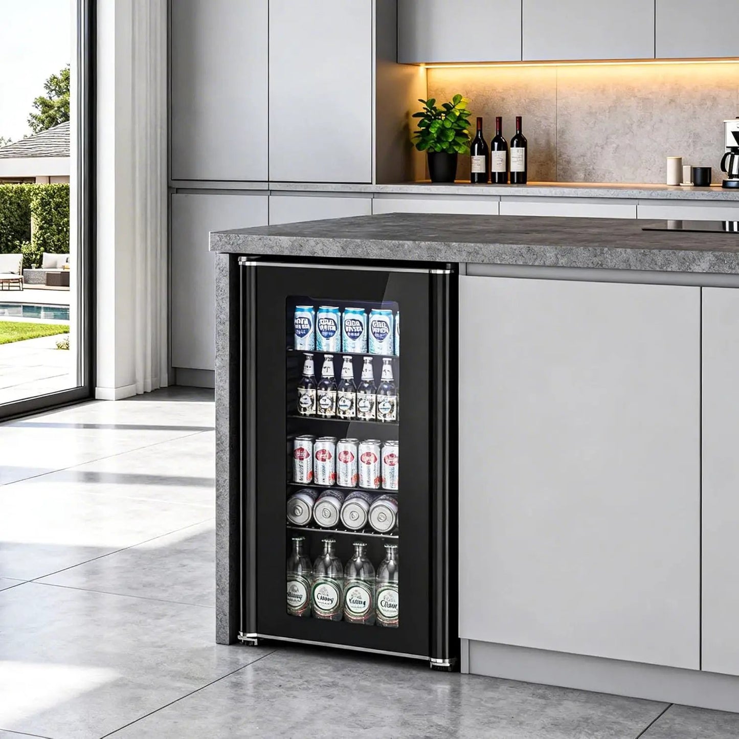 3.2 Cu Ft Kismile wine cooler and beverage fridge with glass door in a gray kitchen island on Tampa Home & Garden Store
