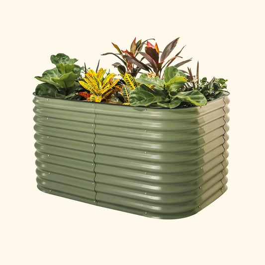 4x8x32 garden bed kit raised planter in gray metal with leafy green and yellow croton plants on Tampa Home & Garden Store