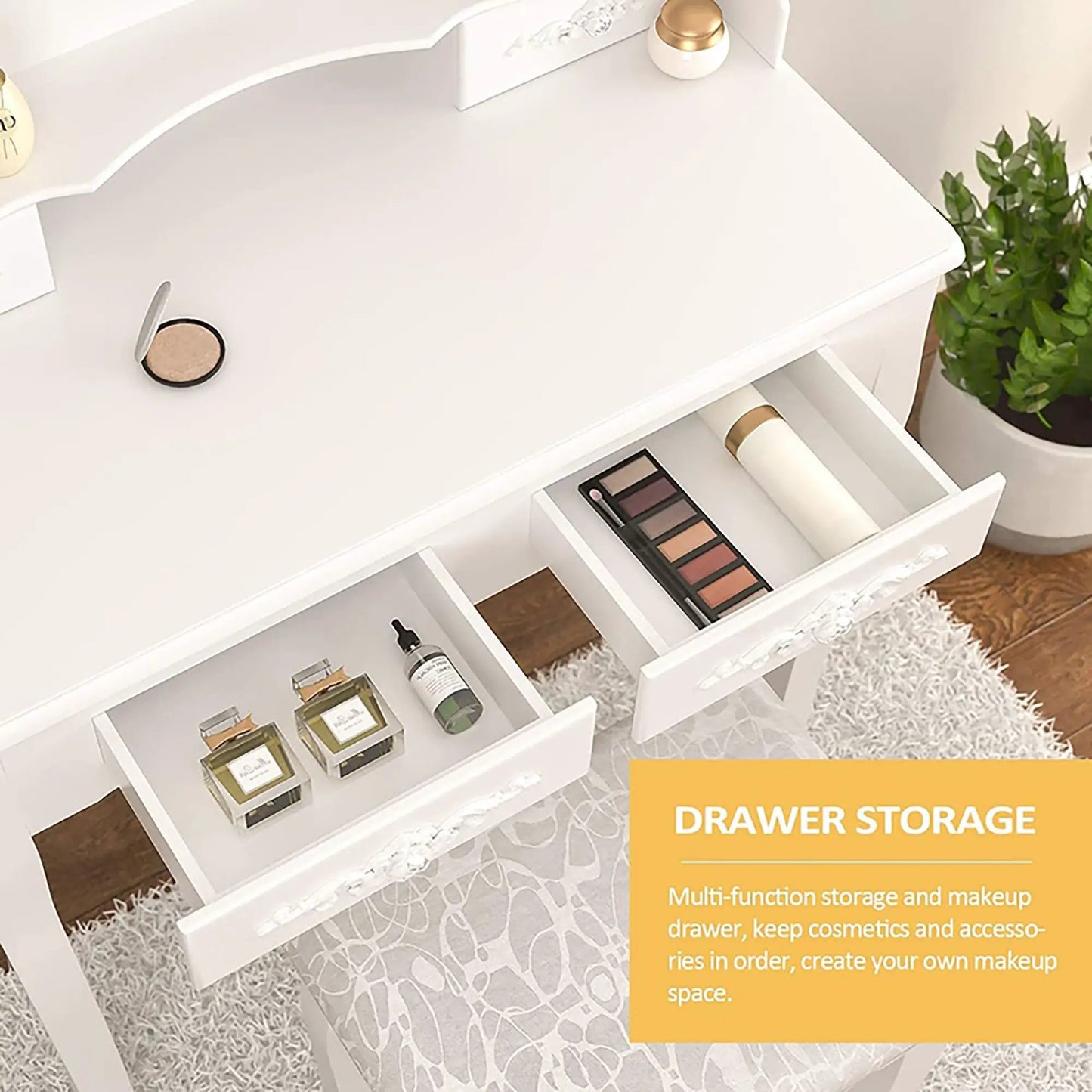Coiffeuse avec 4 tiroirs, table de maquillage avec tabouret rembourré, ensemble de meubles de chambre à coucher pour filles et femmes avec miroir ovale