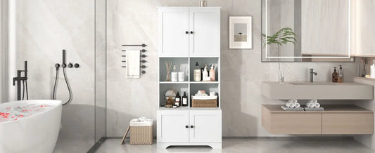 Bathroom Storage Cabinet With 4 Doors white finish with open shelves for toiletries on Tampa Home & Garden Store