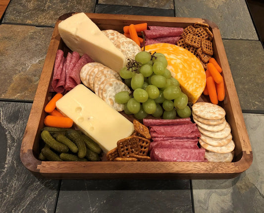 Kalmar Home square acacia wood serving tray with cheese, crackers, grapes and salami on Tampa Home & Garden Store