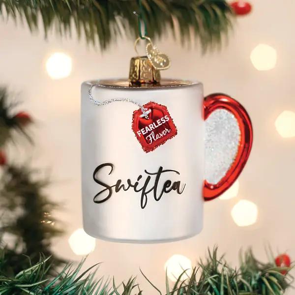 Swiftea Mug Ornament white ceramic mug with red heart-shaped handle and gold cap on Tampa Home & Garden Store
