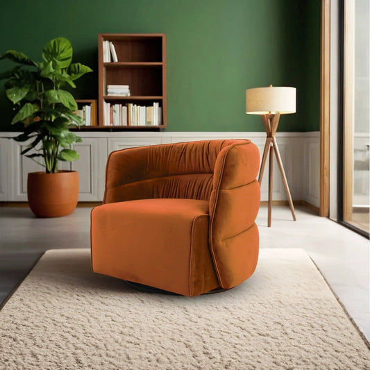 Walden Stylish Swivel Chair in orange velvet, in a green-walled living room on Tampa Home & Garden Store