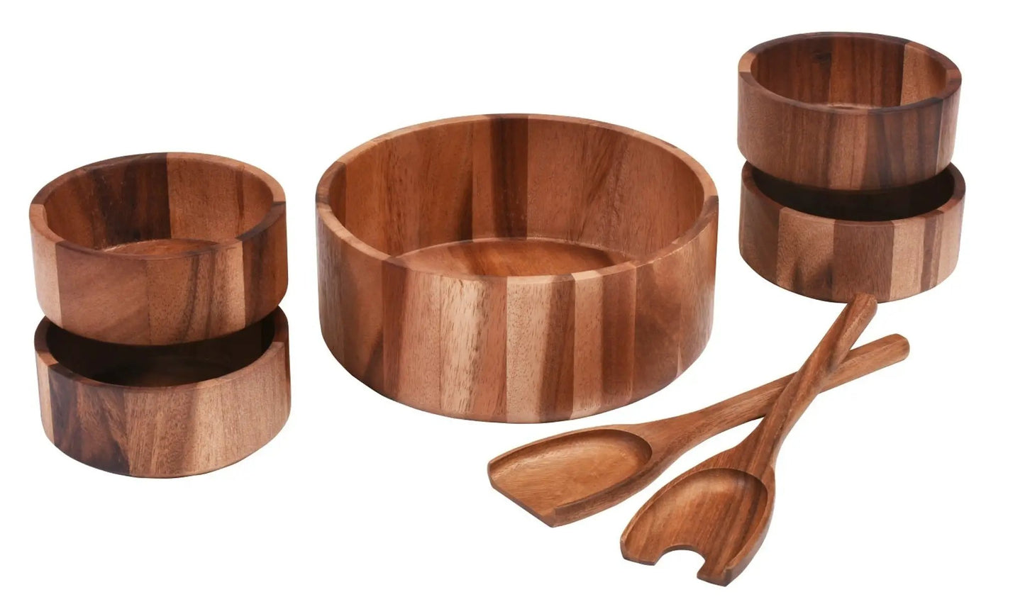 Large Acacia Wood Salad Bowl Set with Servers, Kalmar Home, 7-piece bowls and serving spoons on Tampa Home & Garden Store