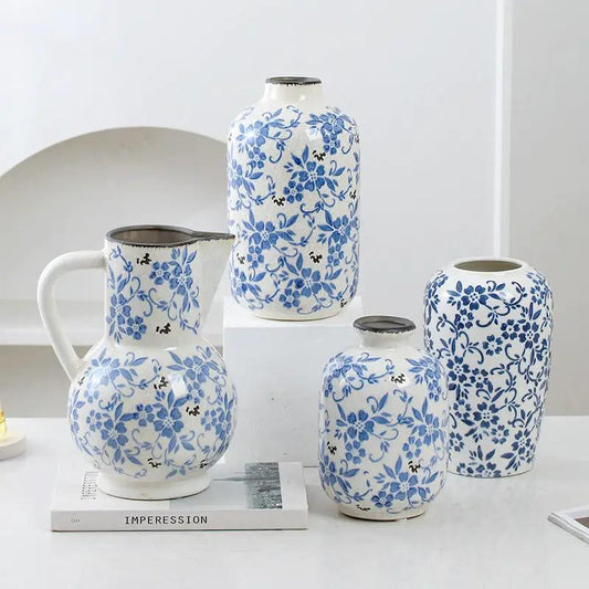 Blue and white porcelain vases set of four with floral Chinese pattern ceramic decor on Tampa Home & Garden Store