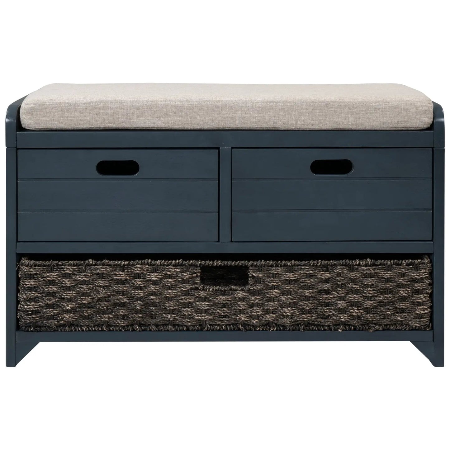 Trexm navy storage bench with removable woven basket and beige cushion on a dark blue frame on Tampa Home & Garden Store