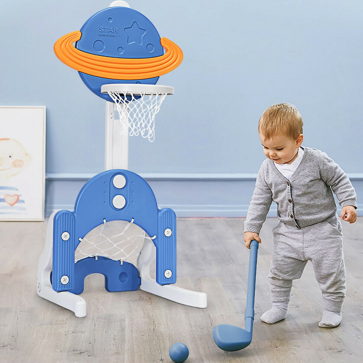 3-in-1 height adjustable kids basketball hoop set blue plastic with white net, STAR brand on Tampa Home & Garden Store