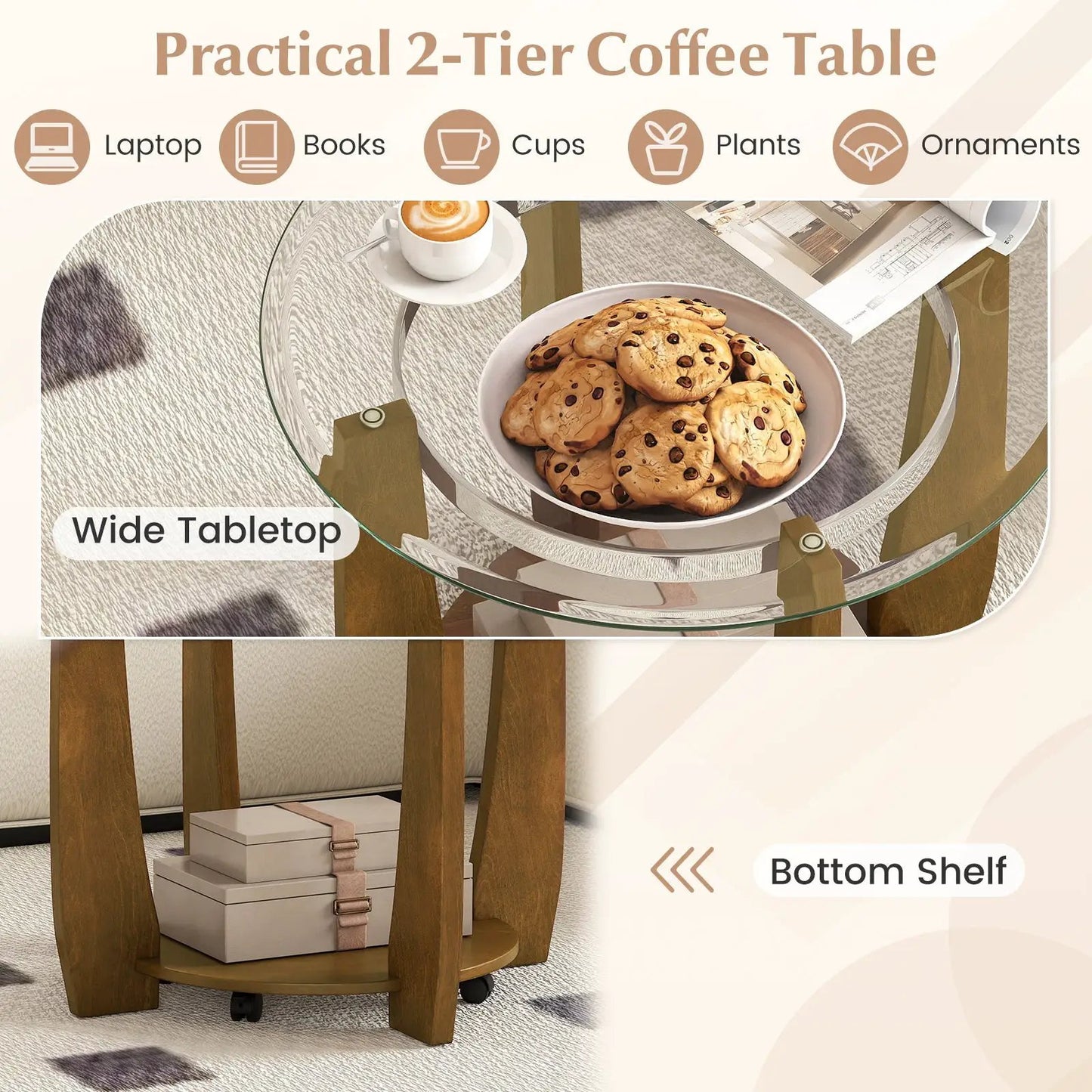 32-Inch Glass Round Coffee Table with Storage, DirectDeals two-tier top and wooden legs on Tampa Home & Garden Store