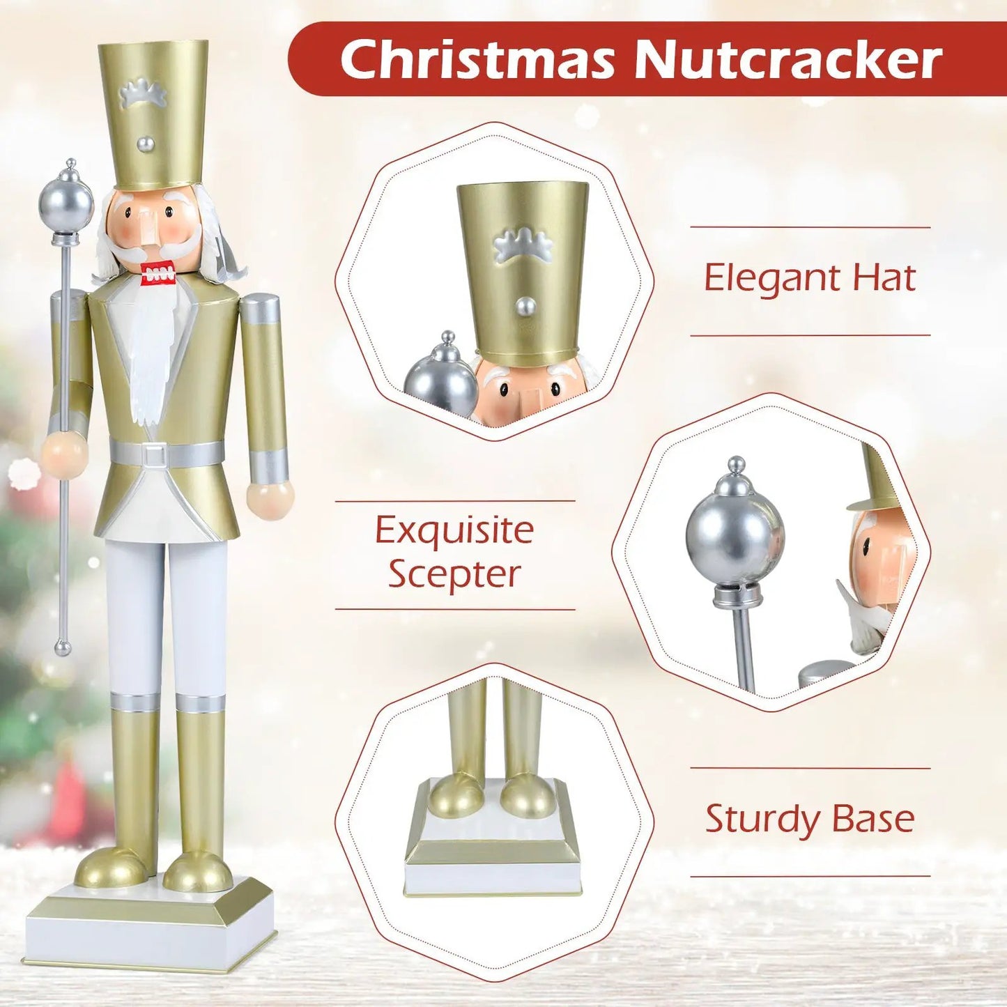 Nutcracker 32 Inch with High Hat and Scepter by DirectDeals; gold body and white beard on Tampa Home & Garden Store