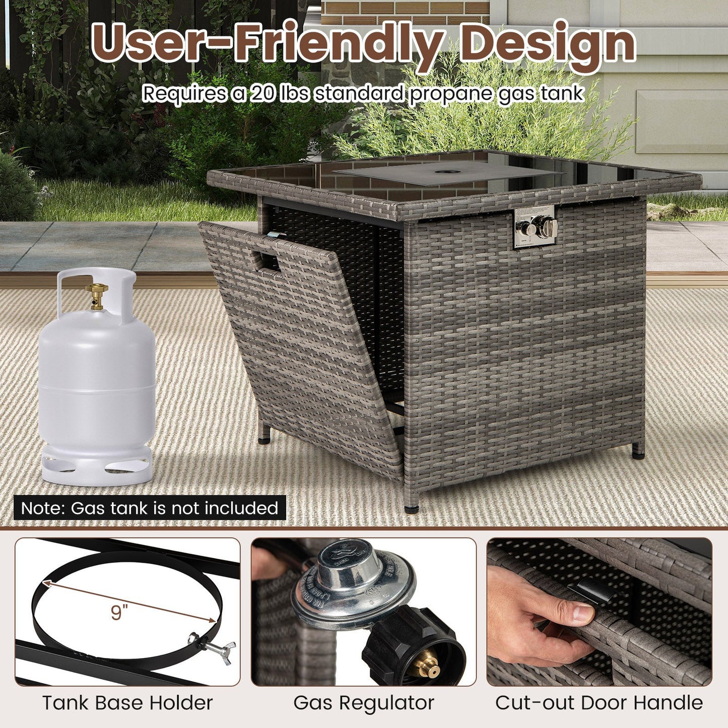DirectDeals 32.5-inch propane fire pit table 5000 BTU with tempered glass top and wicker base on Tampa Home & Garden Store