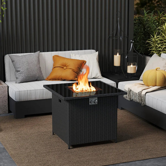 32.5-inch propane fire pit table in black wicker with glass top, 5000 BTU DirectDeals on Tampa Home & Garden Store