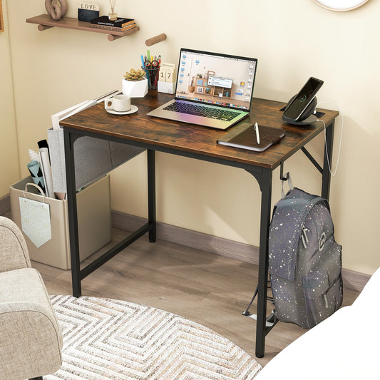 32 Inch Home Office Desk with Charging Station Storage Bag and Headphone Hook-Rustic Brown - Tampa Home & Garden Store